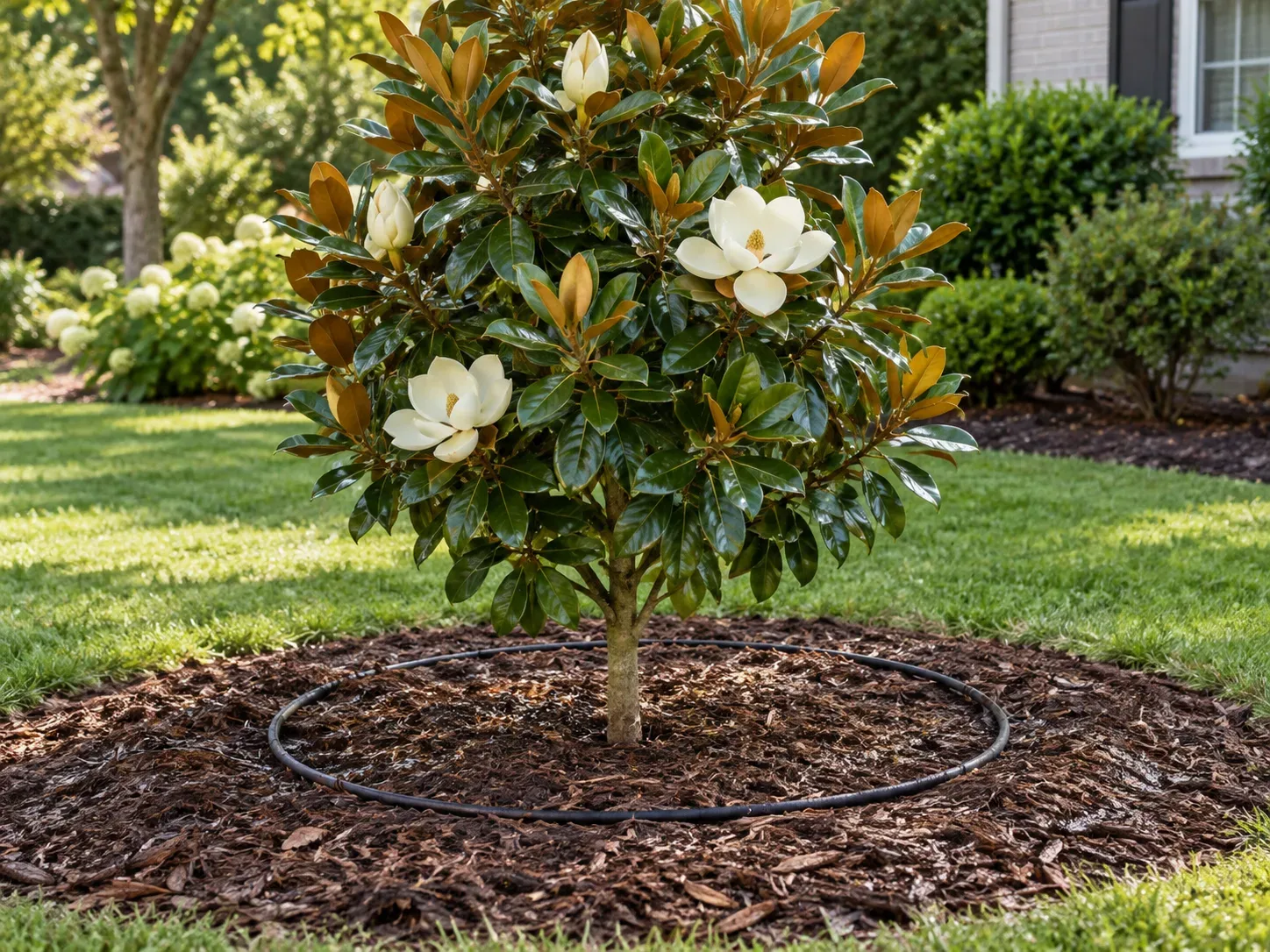 Soaker hose watering a young Little Gem magnolia across its mulched root zone