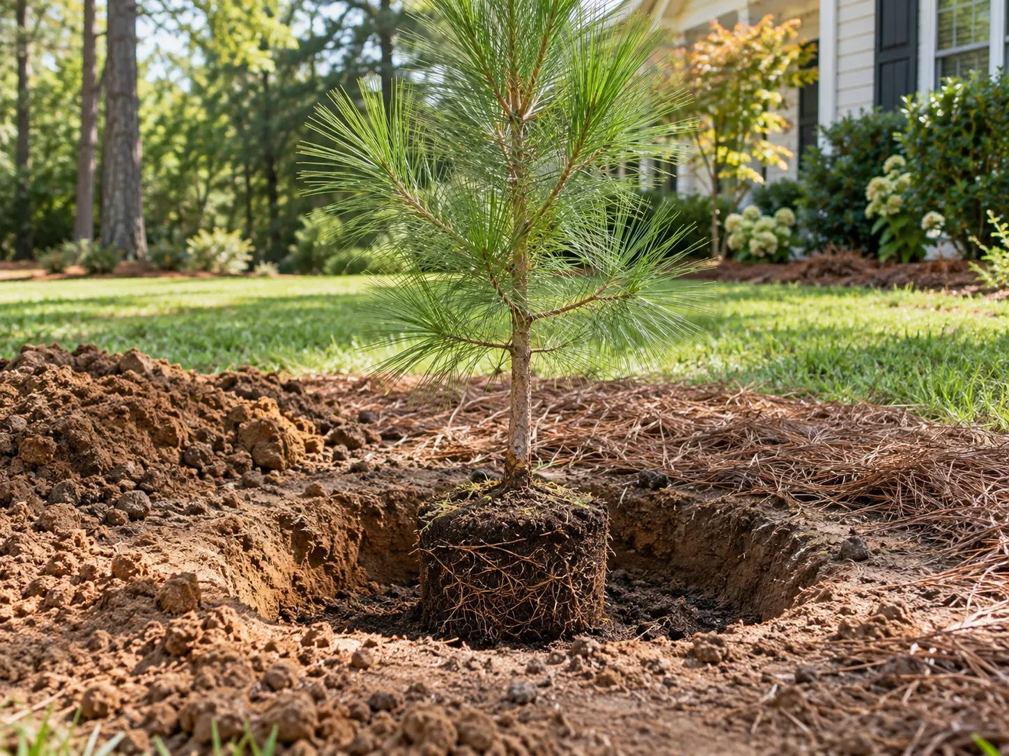 A container-grown loblolly pine set upright at the correct depth in a wide planting hole, with the root flare visible.
