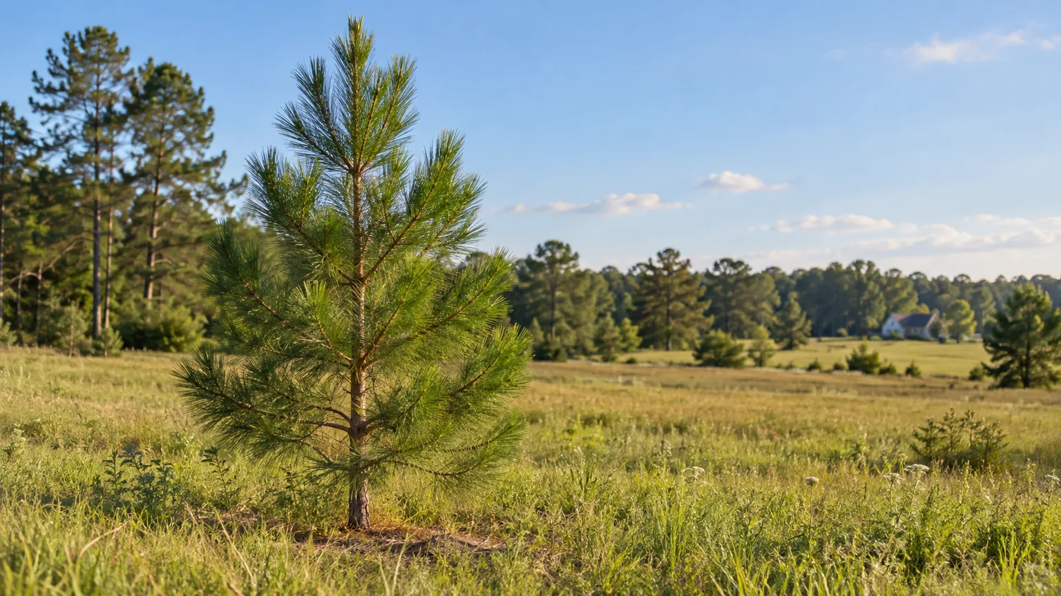 A young loblolly pine growing in a broad sunny southeastern meadow with ample mature-tree space.