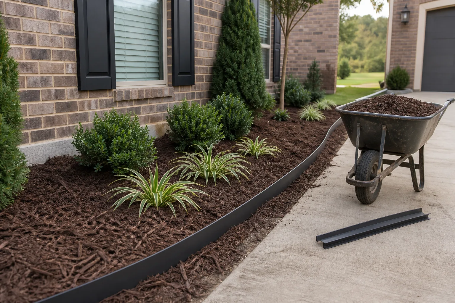 A layered foundation bed combines a taller evergreen, shrubs, low grasses, and a defined edge.
