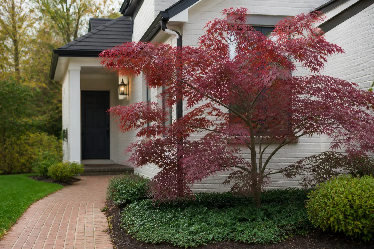 Dwarf Japanese maple with layered red foliage in a front yard foundation bed