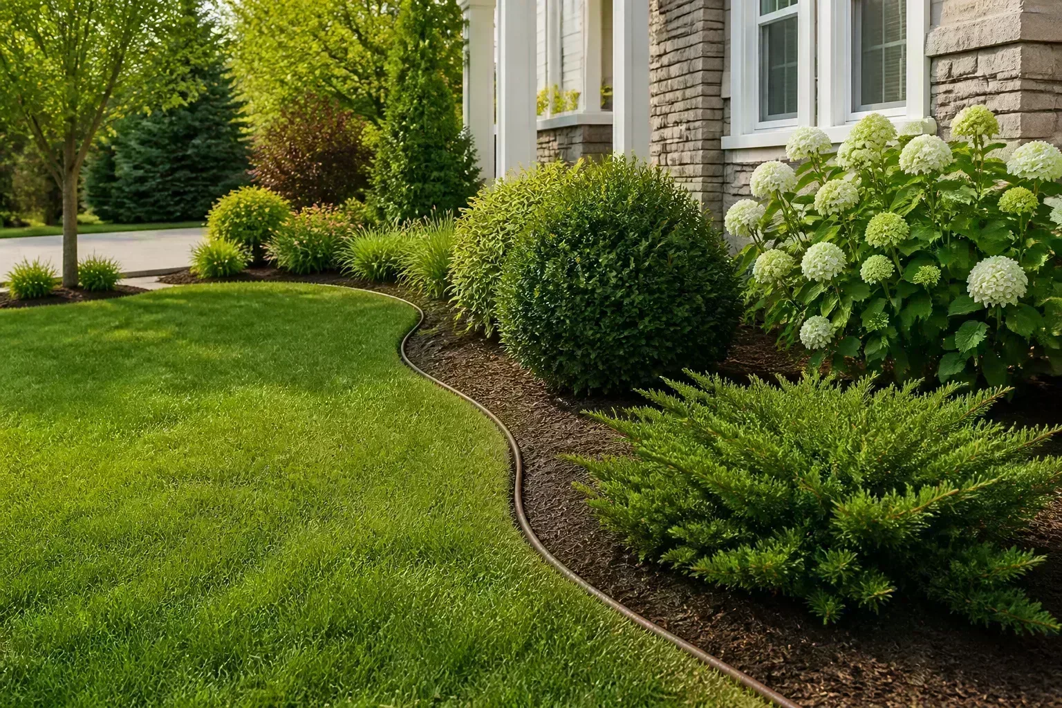 Flowering shrubs layered through a residential garden bed