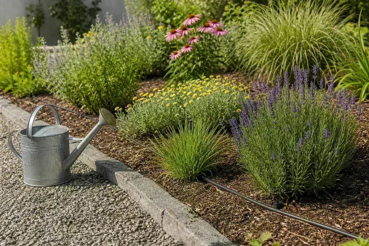 Full-sun perennial border with bright direct sunlight across an open garden bed