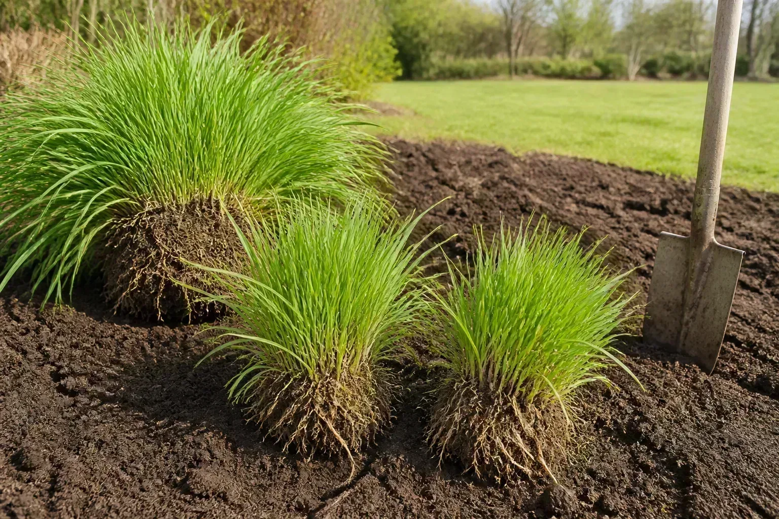 A lifted perennial clump with exposed roots and a spade, showing the root mass that must be separated