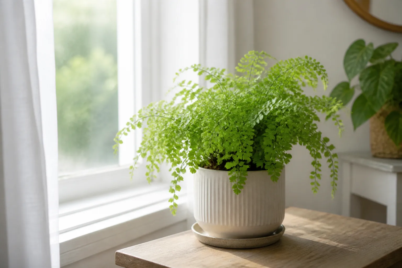 Maidenhair fern on a shelf with bright indirect light filtered through a sheer curtain