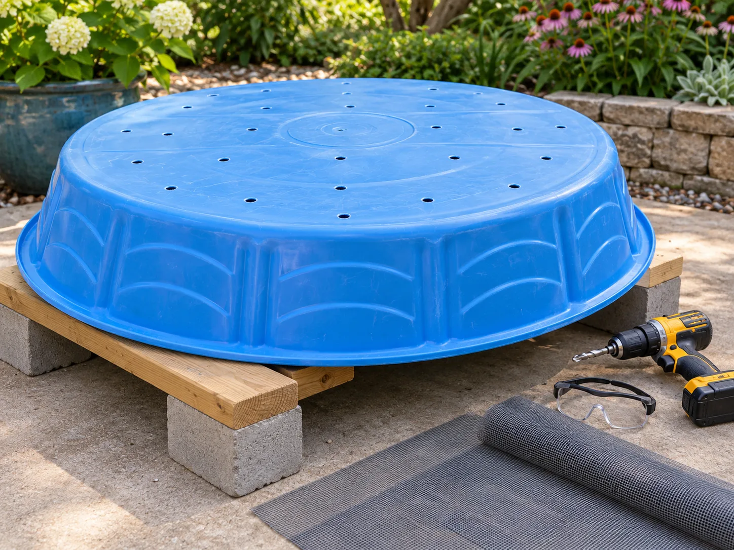 The underside of a rigid kiddie pool with evenly spaced drainage holes and mesh ready to cover them