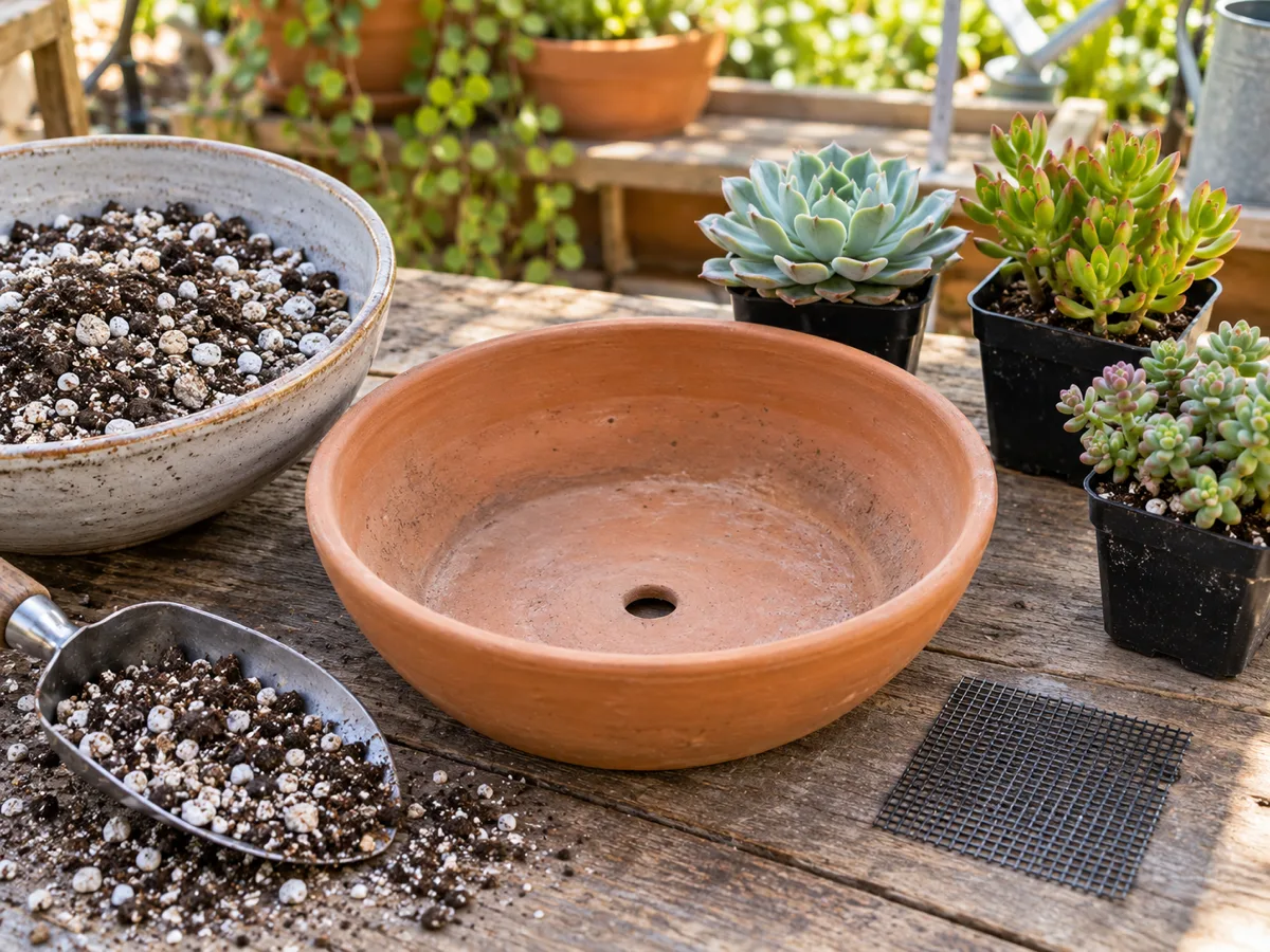 Drainage-ready bowl, gritty succulent mix, and plants arranged before planting