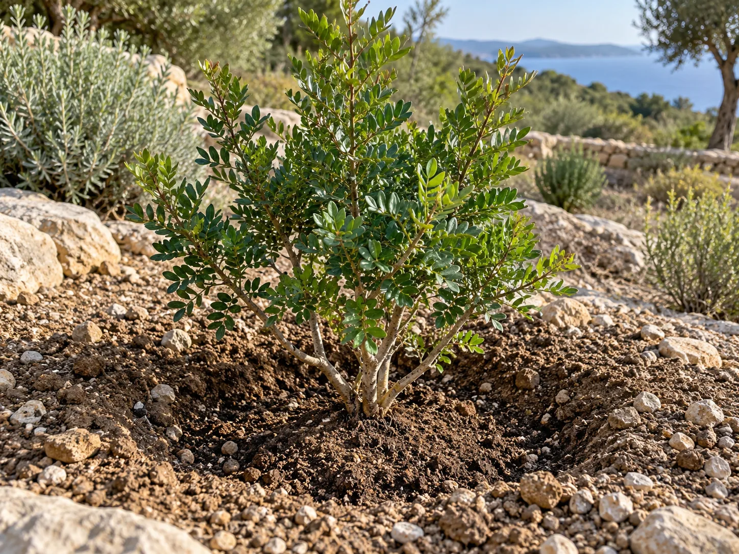 A young mastic tree set into a broad, well-drained planting site with its root flare at soil level
