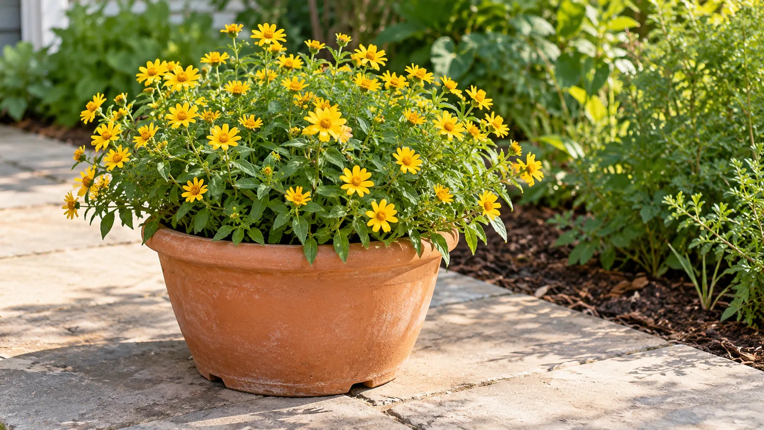 A compact butter daisy grows in a sunny patio container with space to branch.
