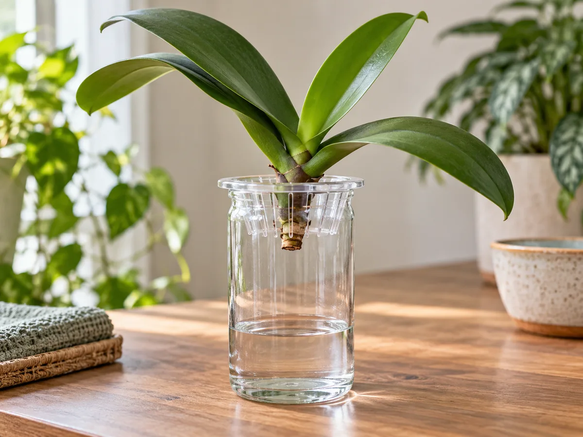 Rootless Phalaenopsis supported above a clean jar of water with a visible air gap