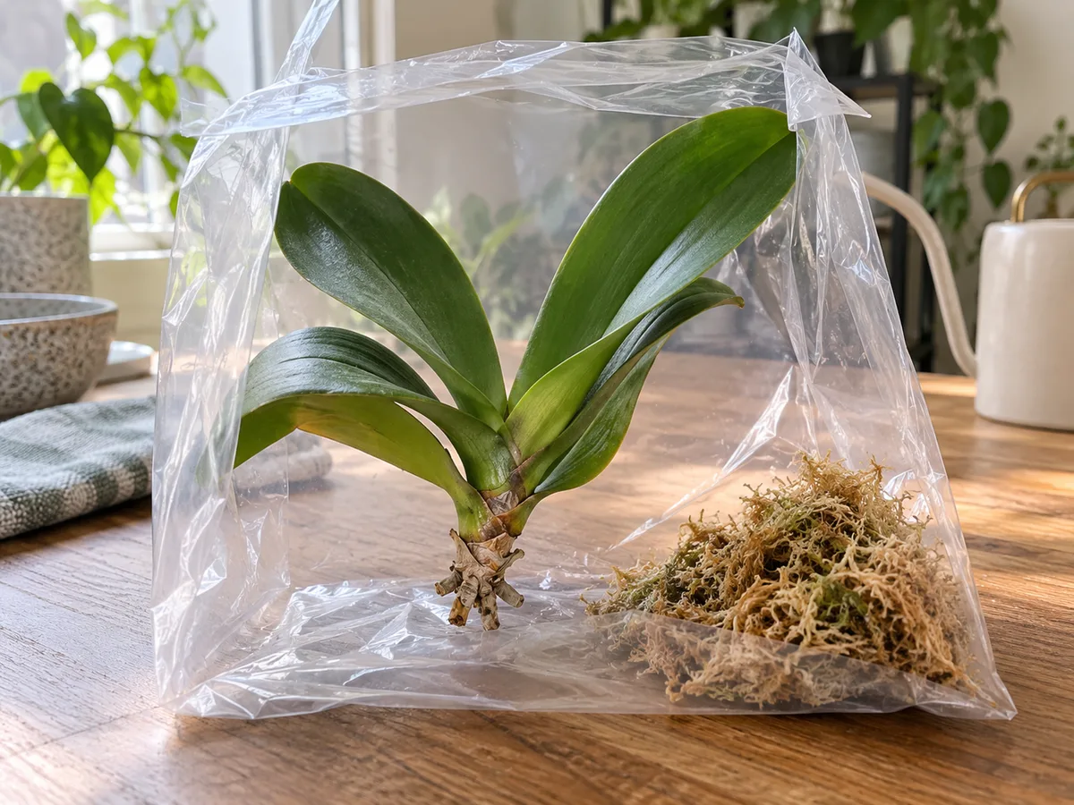 Rootless Phalaenopsis supported in a vented bag with damp sphagnum kept separate