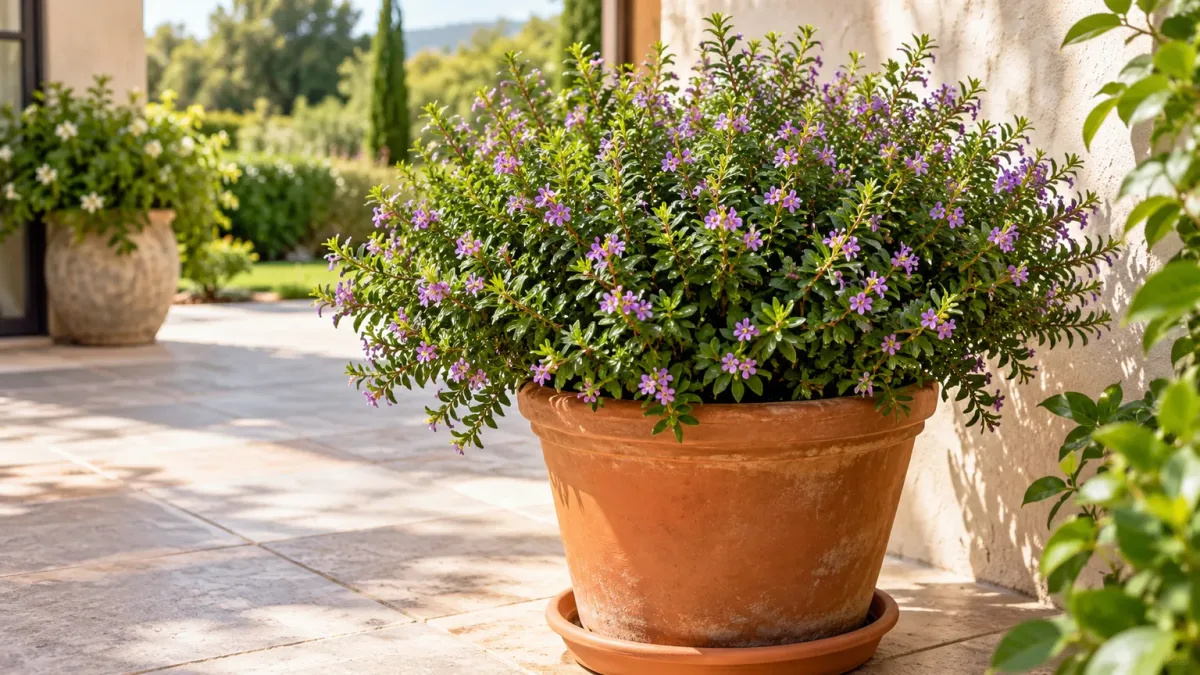 Mexican heather, a Cuphea grown in a container on a sunny patio.
