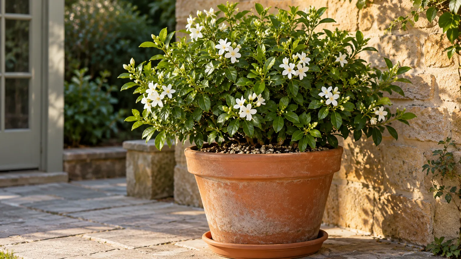 Mexican orange blossom growing in a well-drained container beside a sheltered garden wall