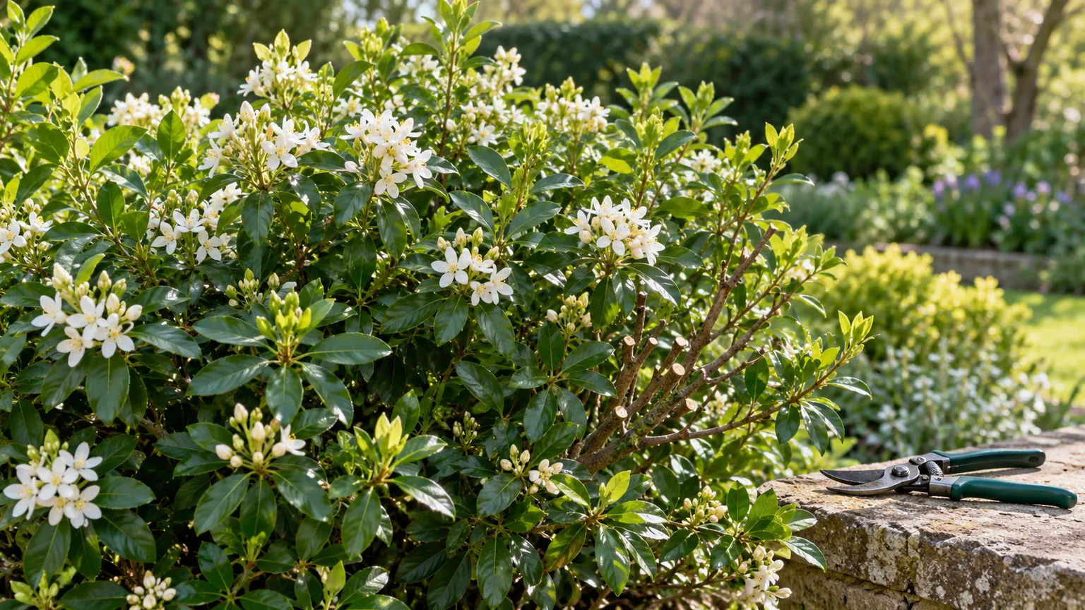 Mexican orange blossom after selective light pruning, with healthy foliage and pruning shears nearby