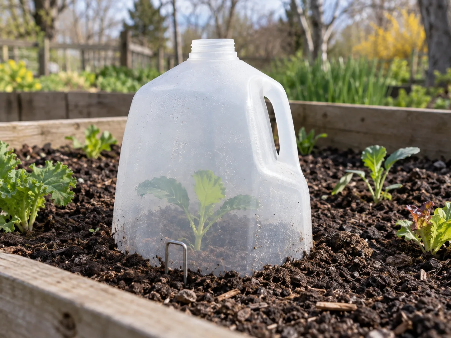 A translucent bottomless milk jug cloche shelters a young seedling in a raised bed