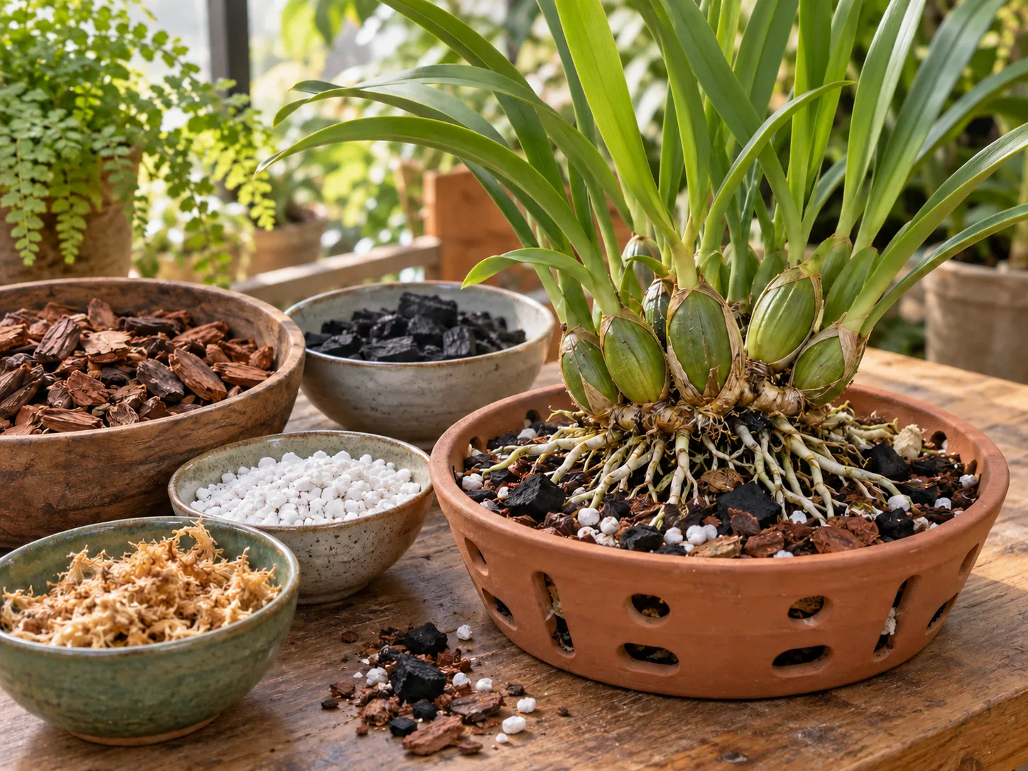 Fine orchid bark, charcoal, and perlite prepared for a shallow Miltonia pot