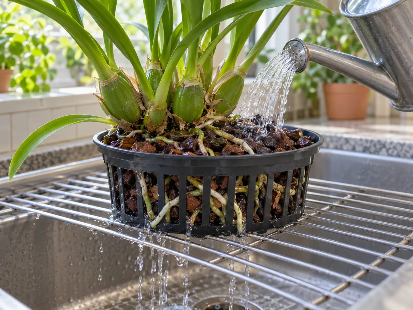 Watering a potted Miltonia at the roots and allowing excess water to drain