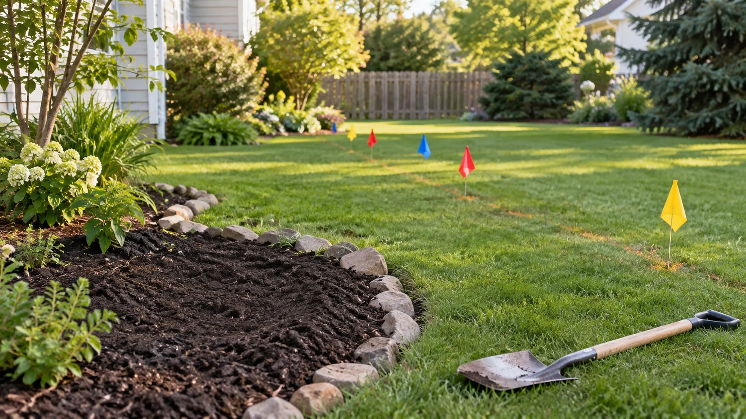 Backyard garden bed planned beside utility locate flags, with a spade waiting outside the marked route