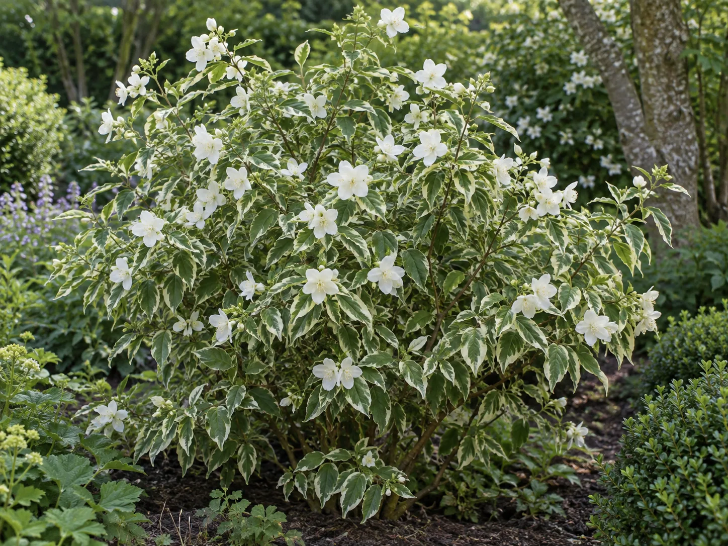 Cream-edged leaves and white flowers on variegated mock orange ‘Variegatus’