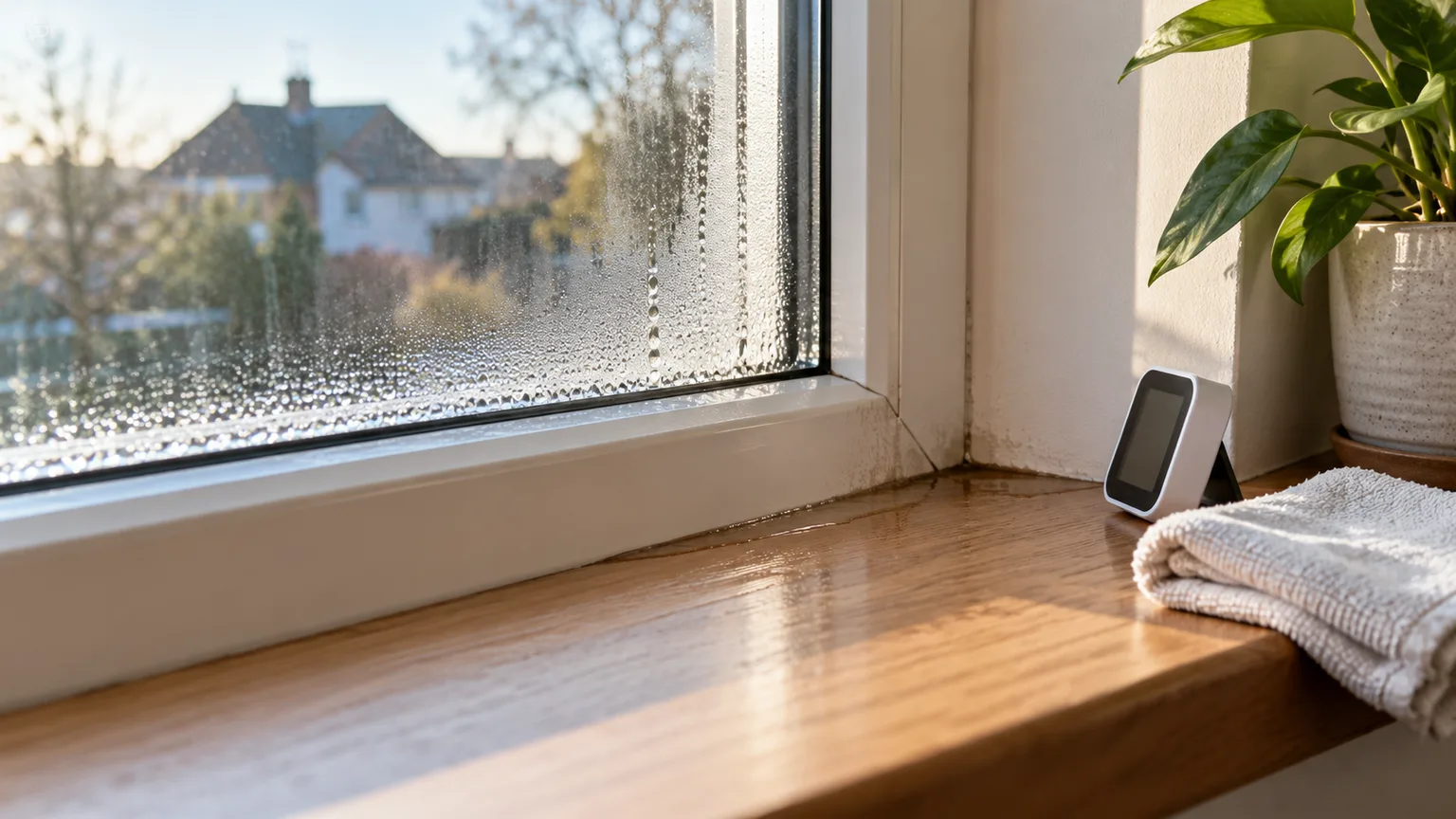 Morning condensation on the inside of a window above a sill with a hygrometer and absorbent cloth