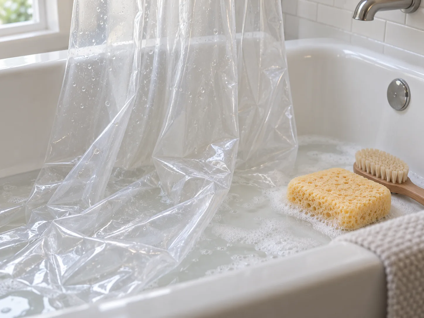 A clear vinyl shower curtain liner soaking in soapy water with a soft sponge and brush