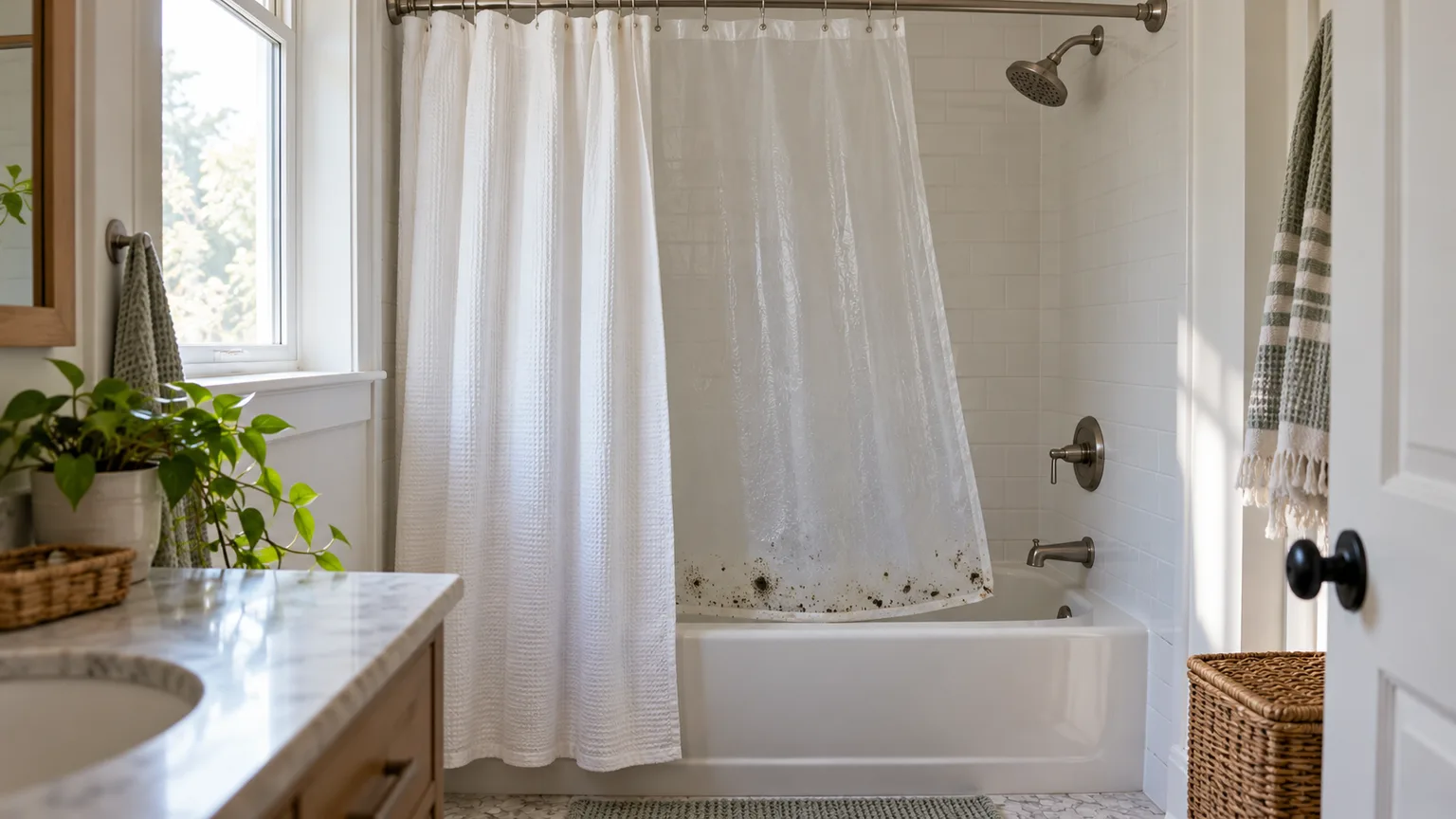 Subtle dark mold spots along the lower hem of a shower curtain liner