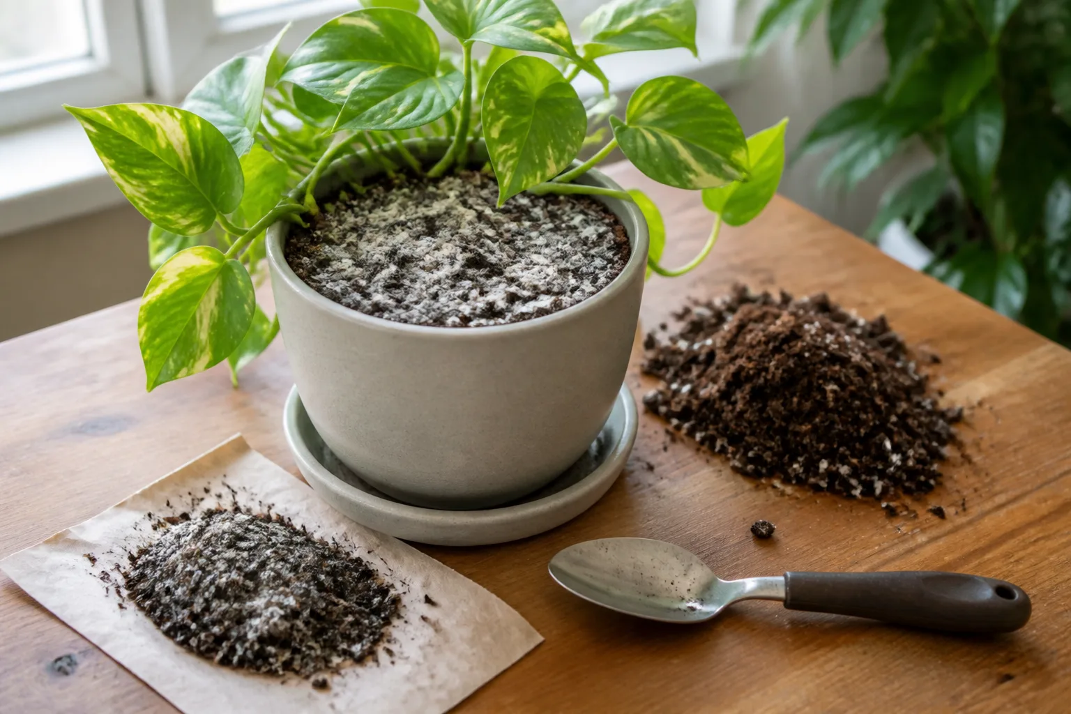 White fuzzy mold growth on the surface of damp houseplant potting soil
