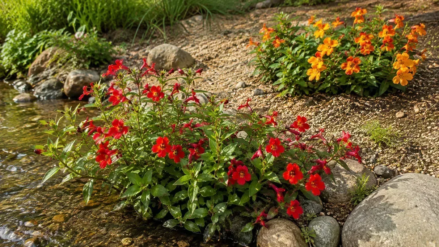 Scarlet and sticky monkey flowers growing in wet and dry garden sites