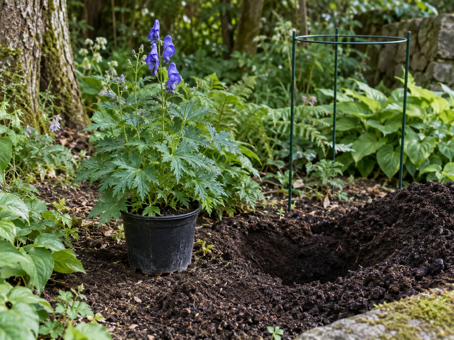 Monkshood beside a prepared planting hole in a cool woodland-edge border