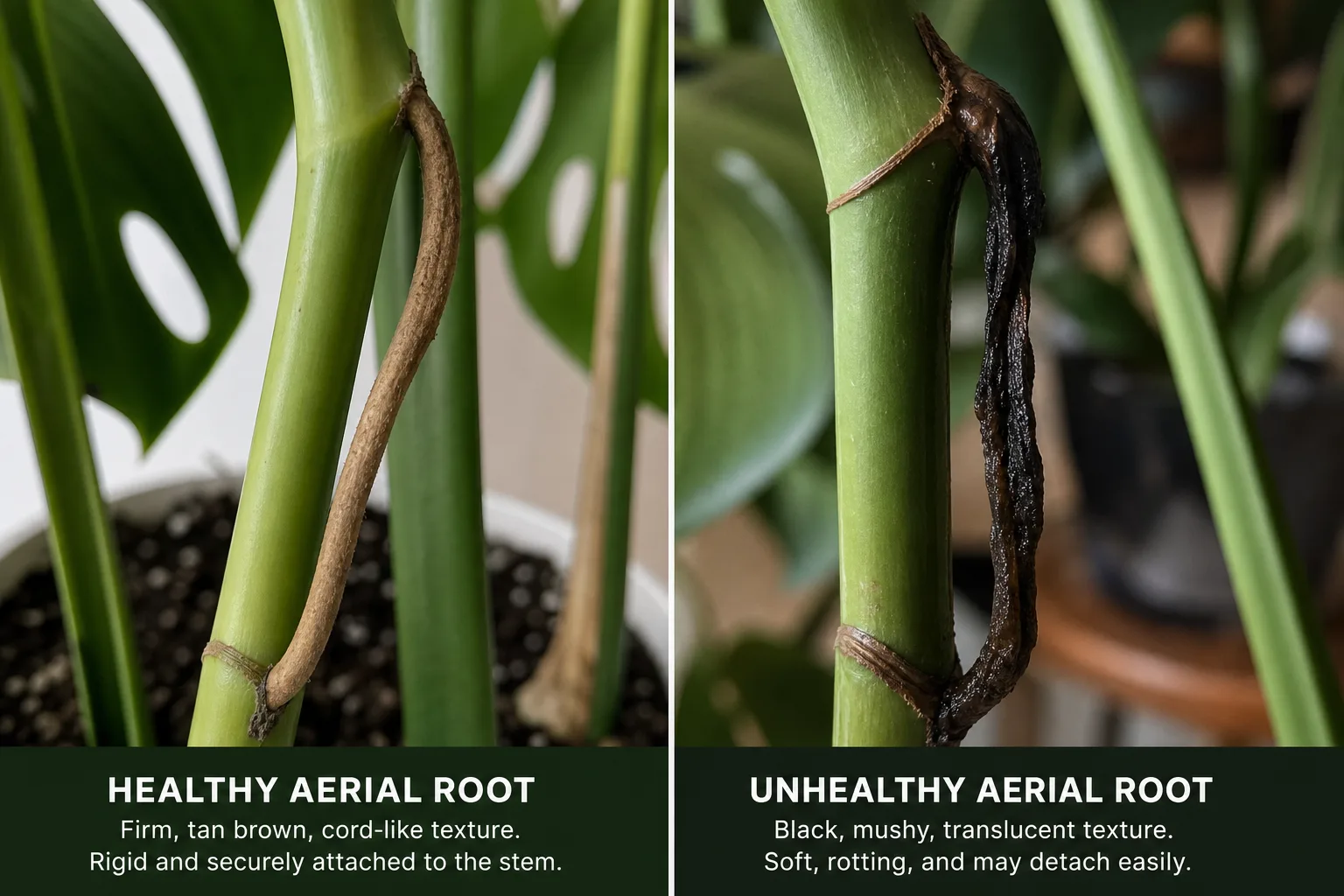 Healthy firm tan Monstera aerial root compared with mushy black rotting aerial root
