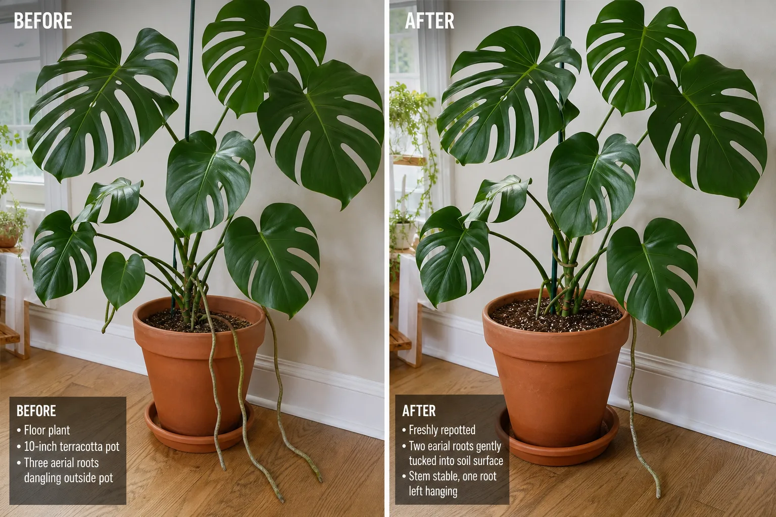 Before and after tucking Monstera aerial roots during repot — roots reaching baseboard then redirected into fresh potting mix