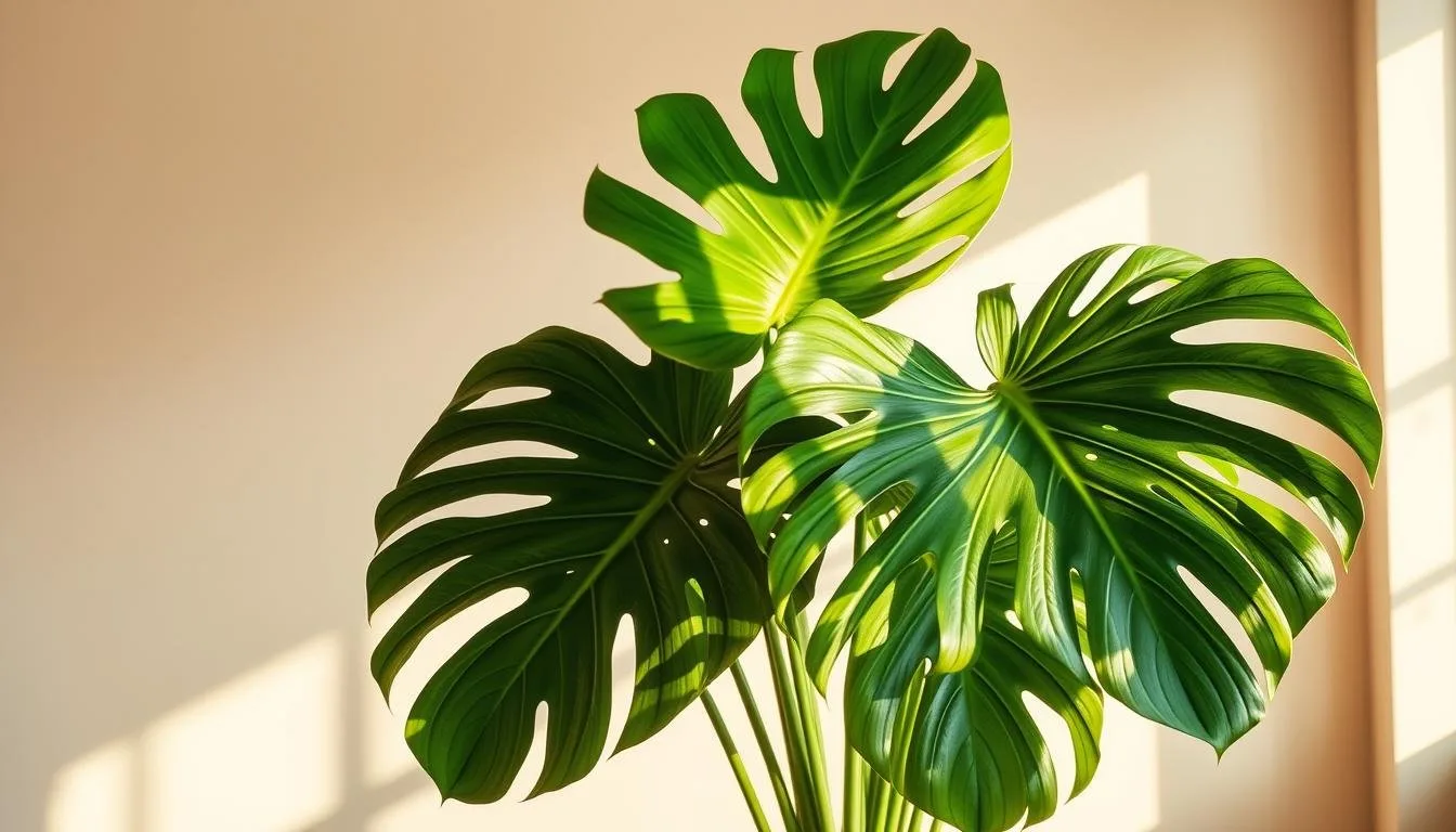 Mature Monstera deliciosa growing upright in bright indirect light