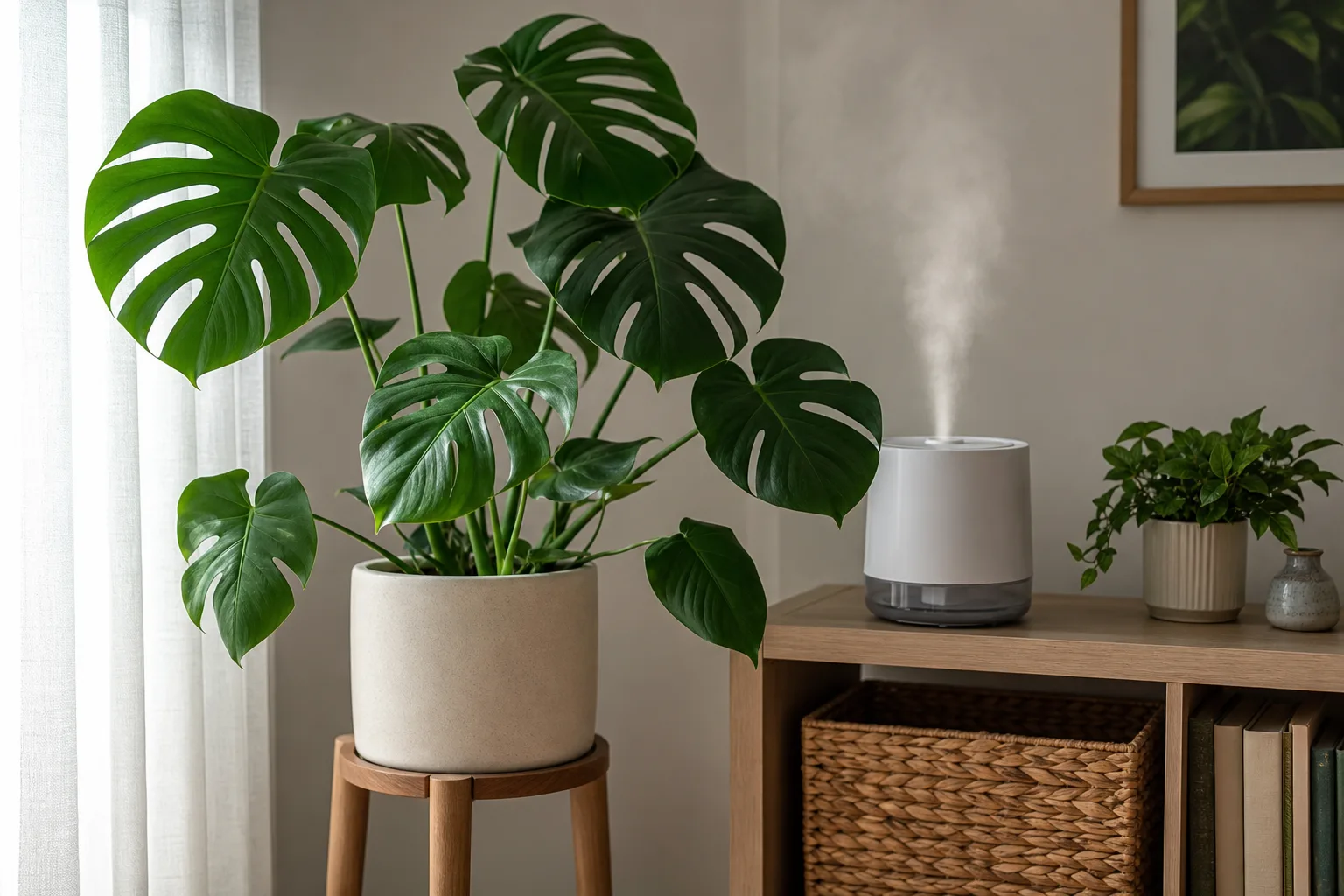 A Monstera humidity setup with bright filtered light and a hygrometer near the foliage