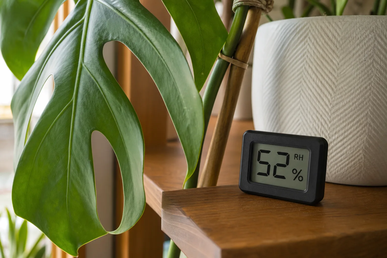 Monstera deliciosa leaf beside a digital hygrometer showing 52% RH at foliage height