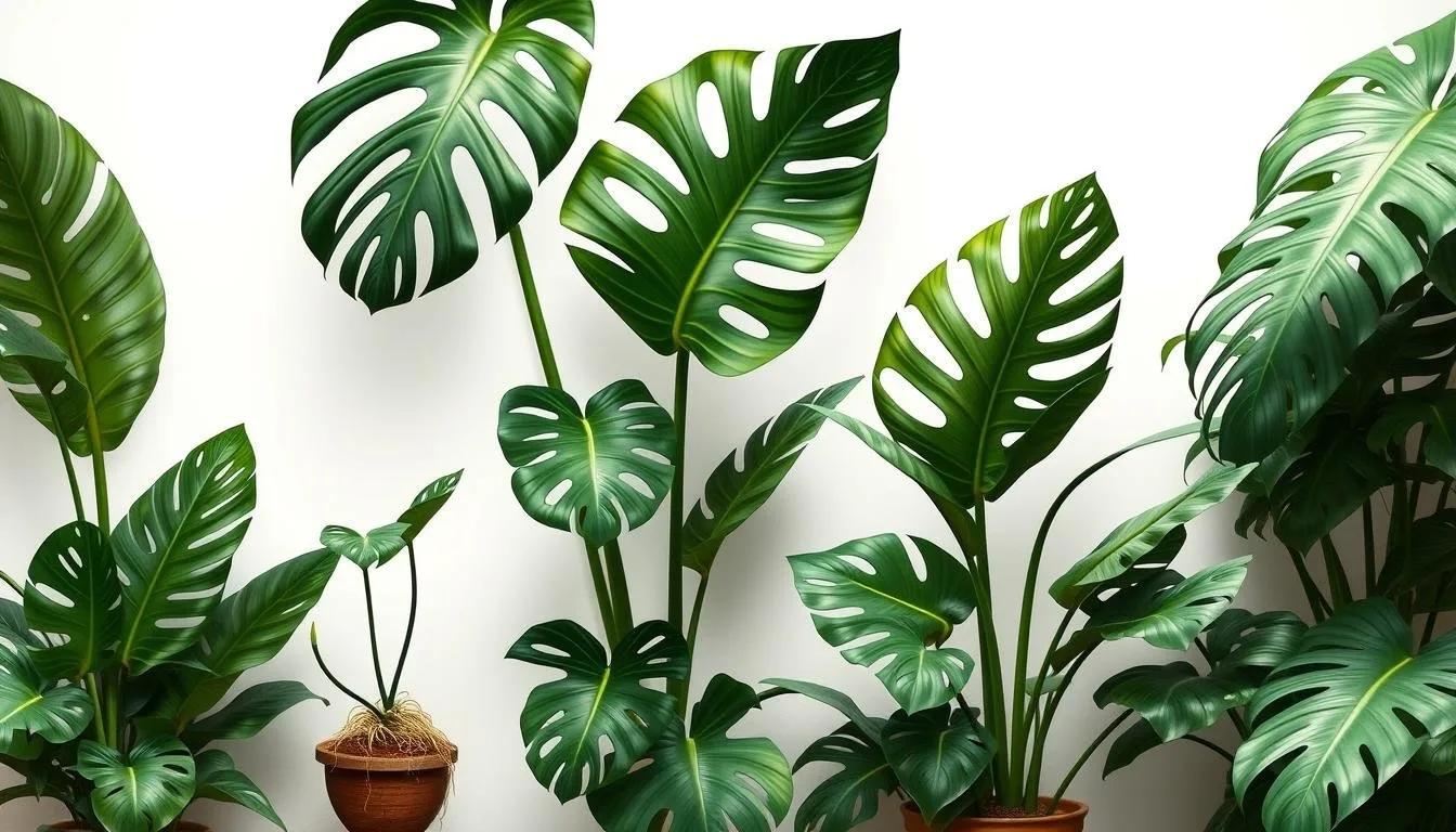 Monstera deliciosa growth stages from juvenile leaves to mature fenestrated foliage