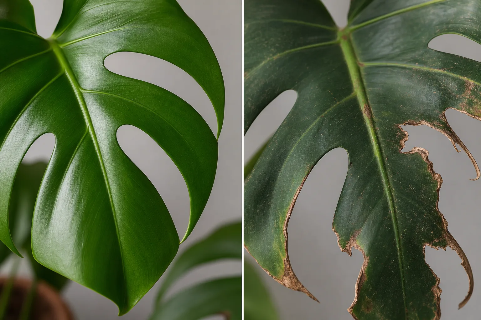 Side-by-side comparison of smooth Monstera fenestration versus jagged mechanical leaf tearing
