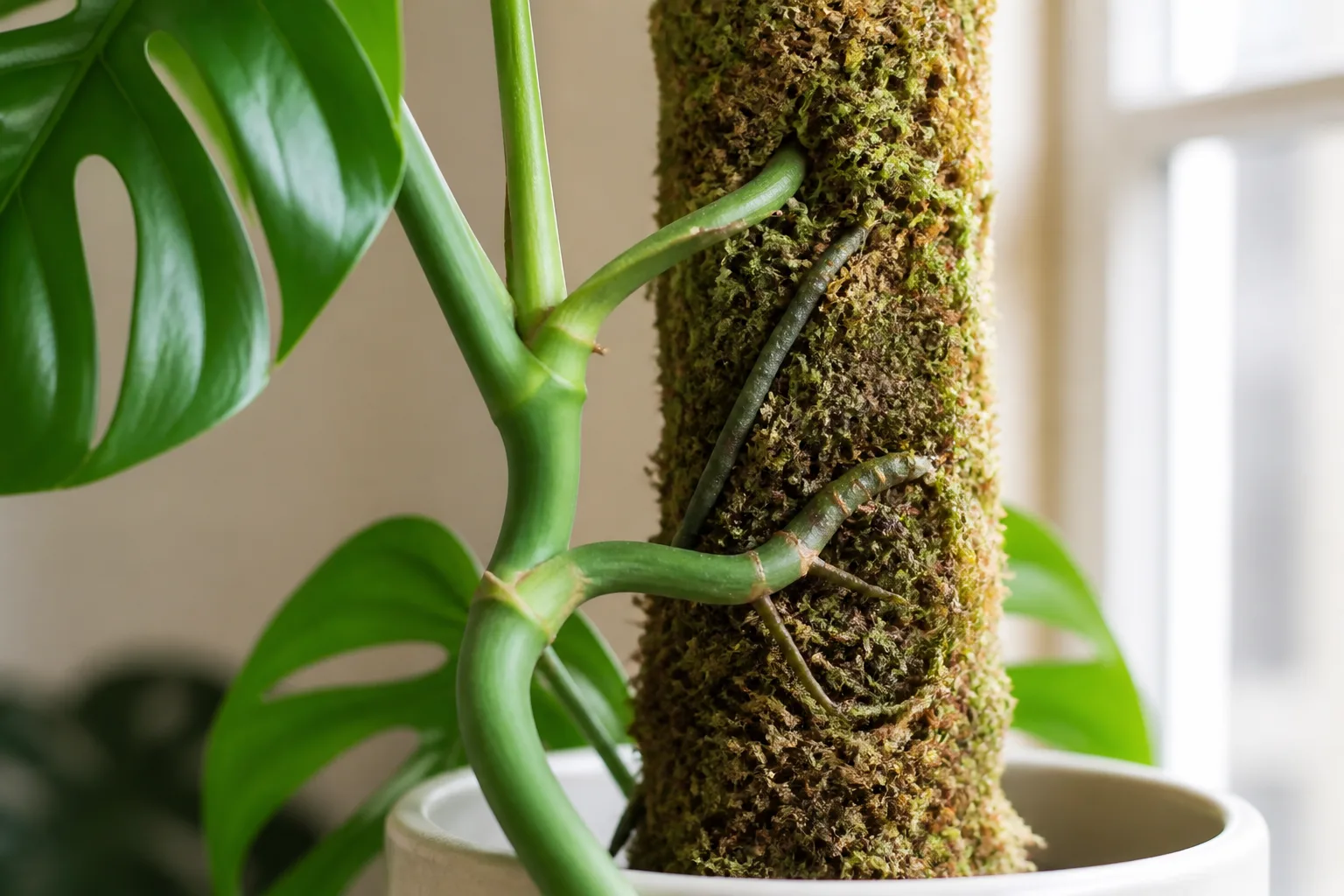 A climbing philodendron stem with aerial roots attached to a damp moss pole