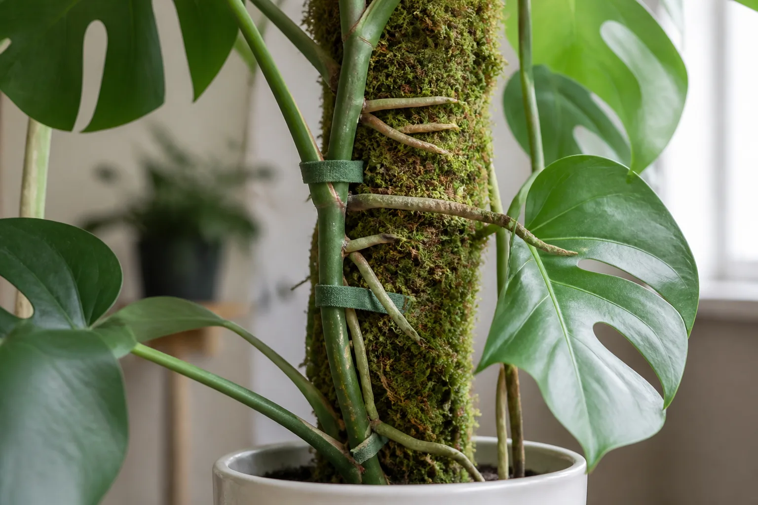 Monstera deliciosa stems and aerial roots secured to a moss pole