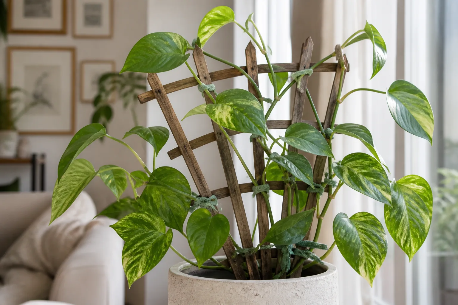 A vining aroid trained upright on a trellis with loose, soft ties