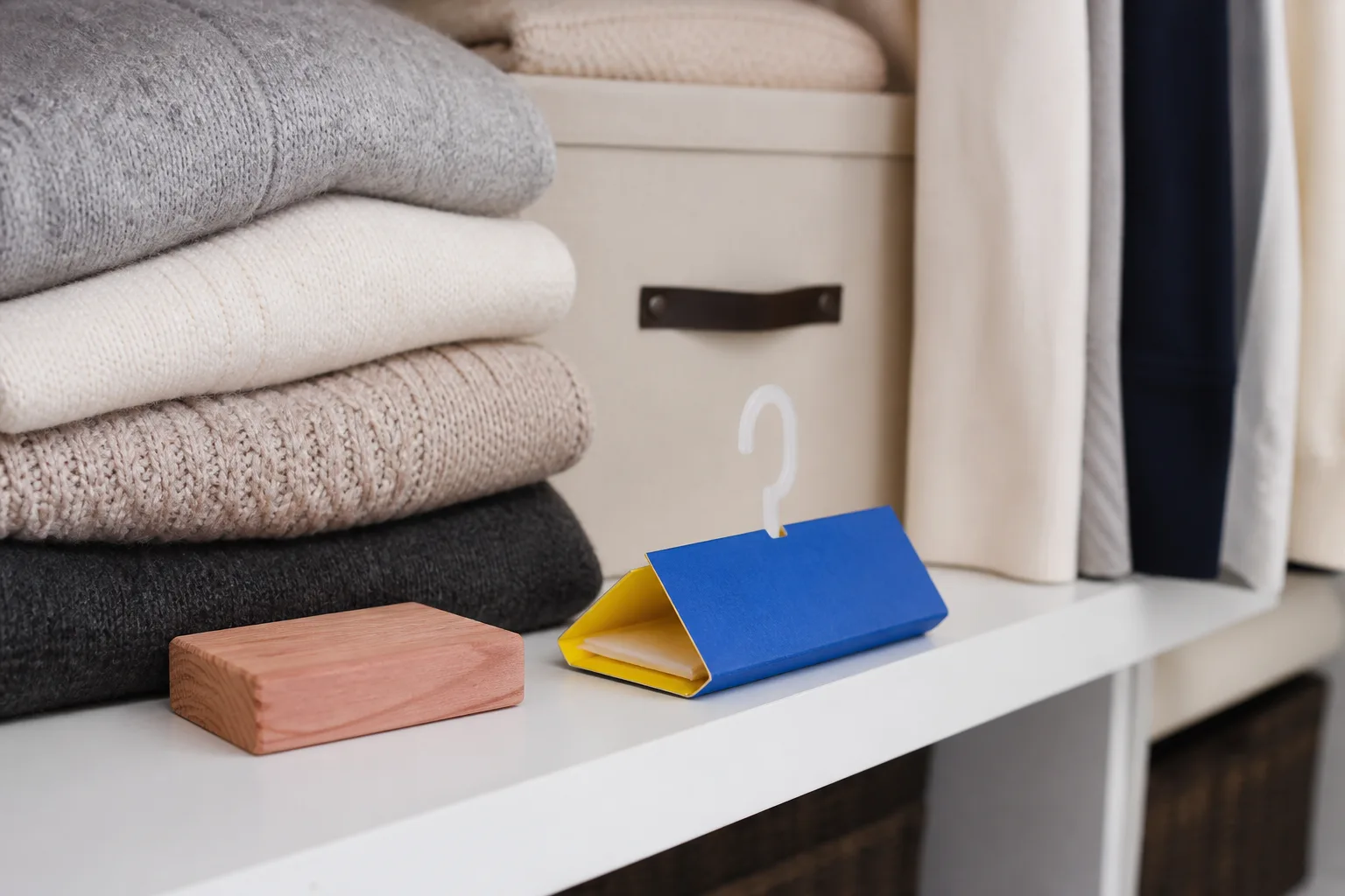 A clothes moth pheromone trap placed beside folded wool sweaters.