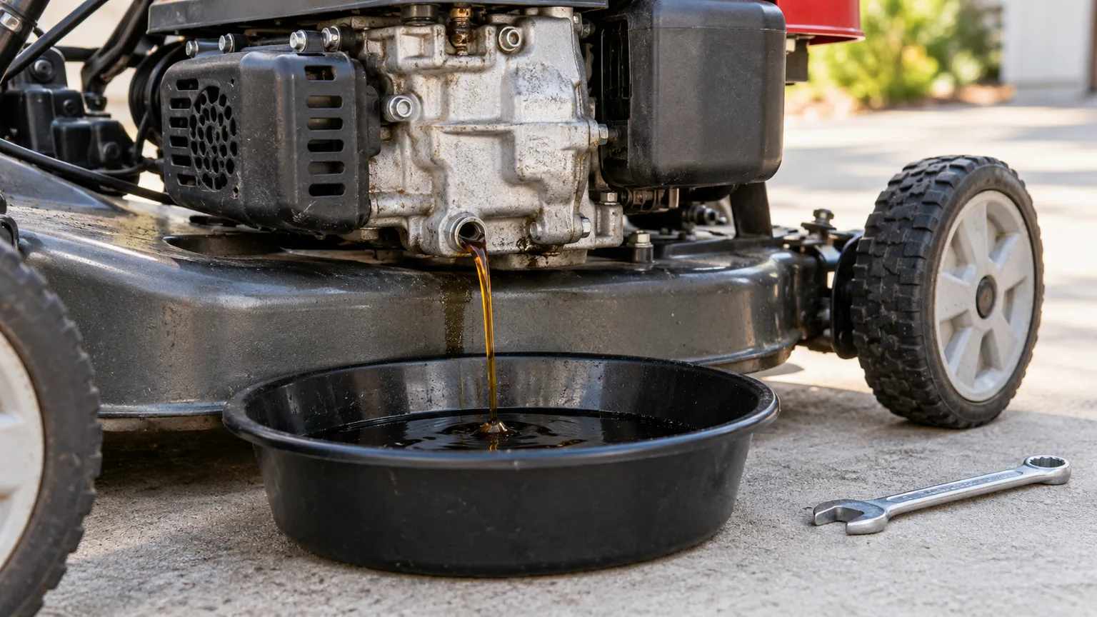 Oil draining from a mower engine into a catch pan