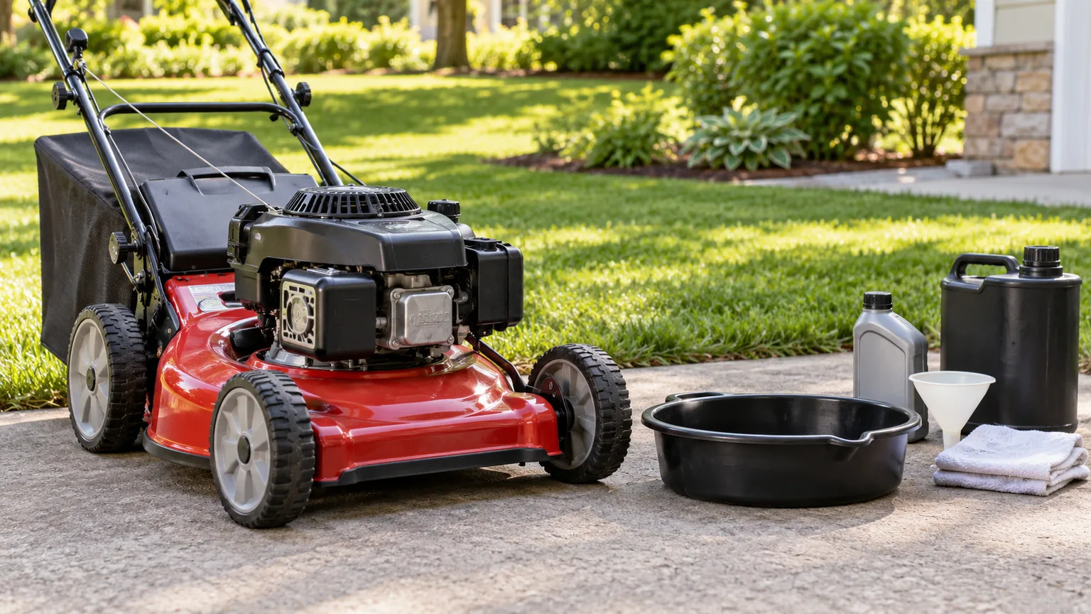 Four-cycle lawn mower and oil-change tools staged on level pavement