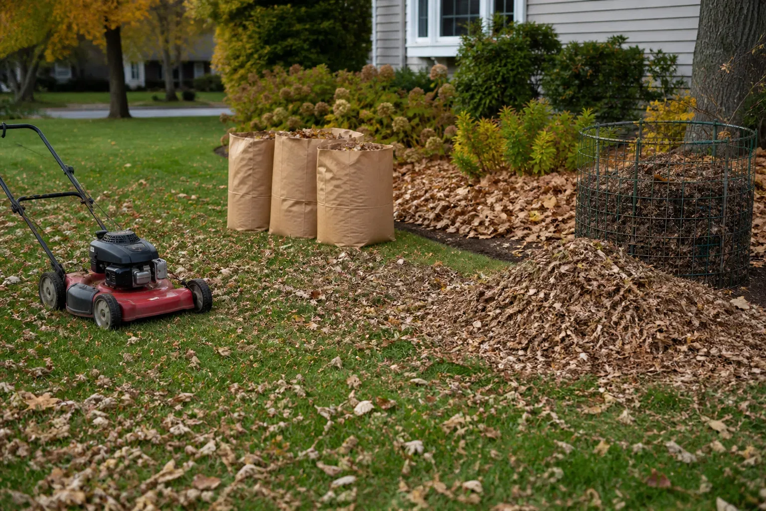Fallen leaves collected from a lawn while a leaf-covered garden bed is left mulched
