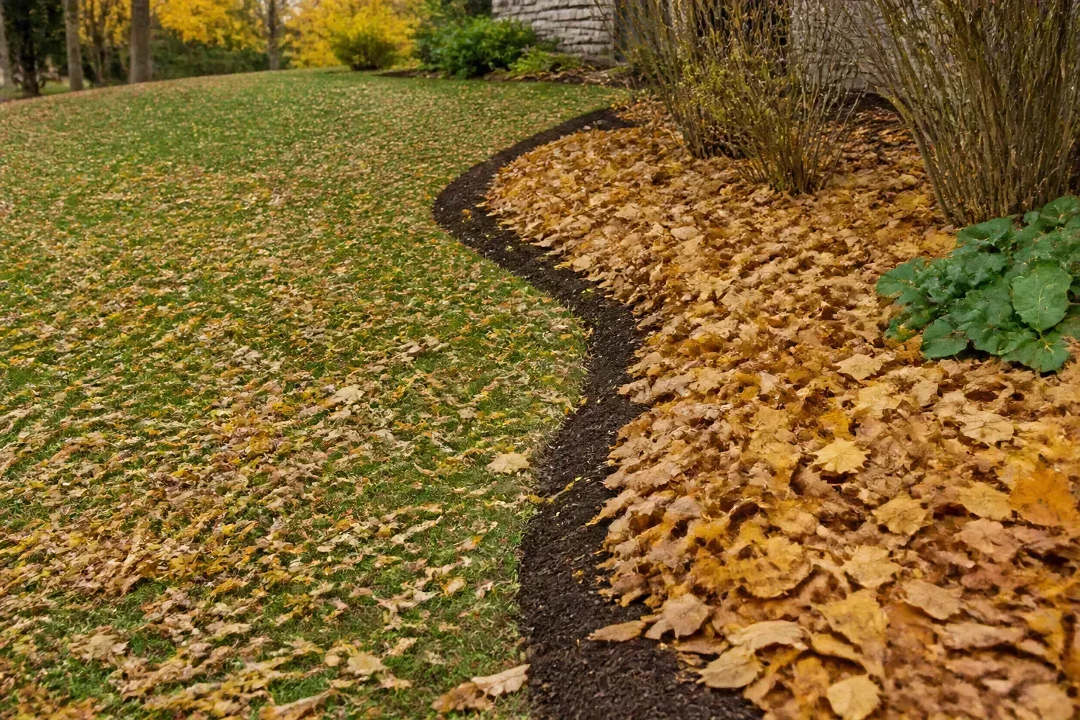 Fall leaves managed differently on lawn and garden beds to protect turf and soil