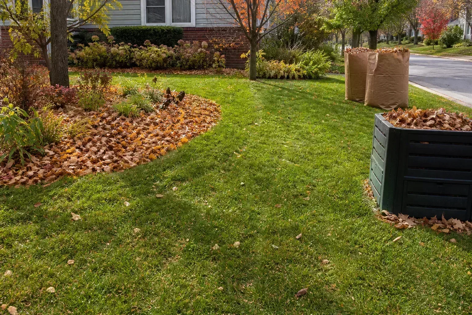 Fall lawn with scattered leaves, leaf bags, and a compost bin