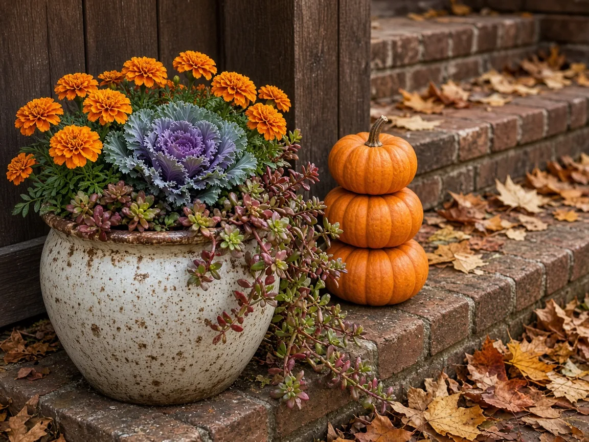 Colorful fall container with marigolds, ornamental cabbage, sedum, and pumpkins on porch steps