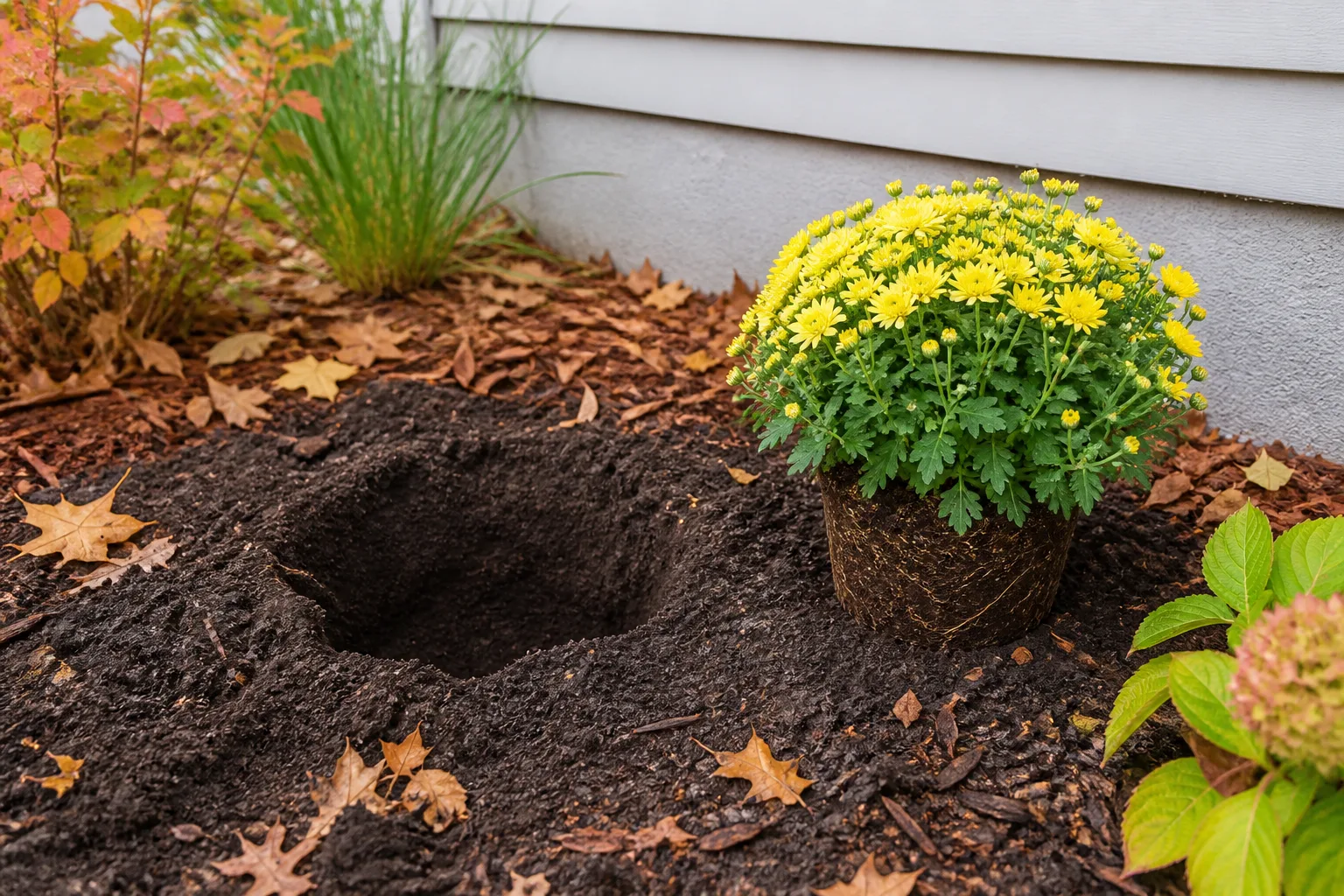 A potted yellow chrysanthemum beside a prepared garden bed illustrates choosing a sunny, well-drained site for garden mums