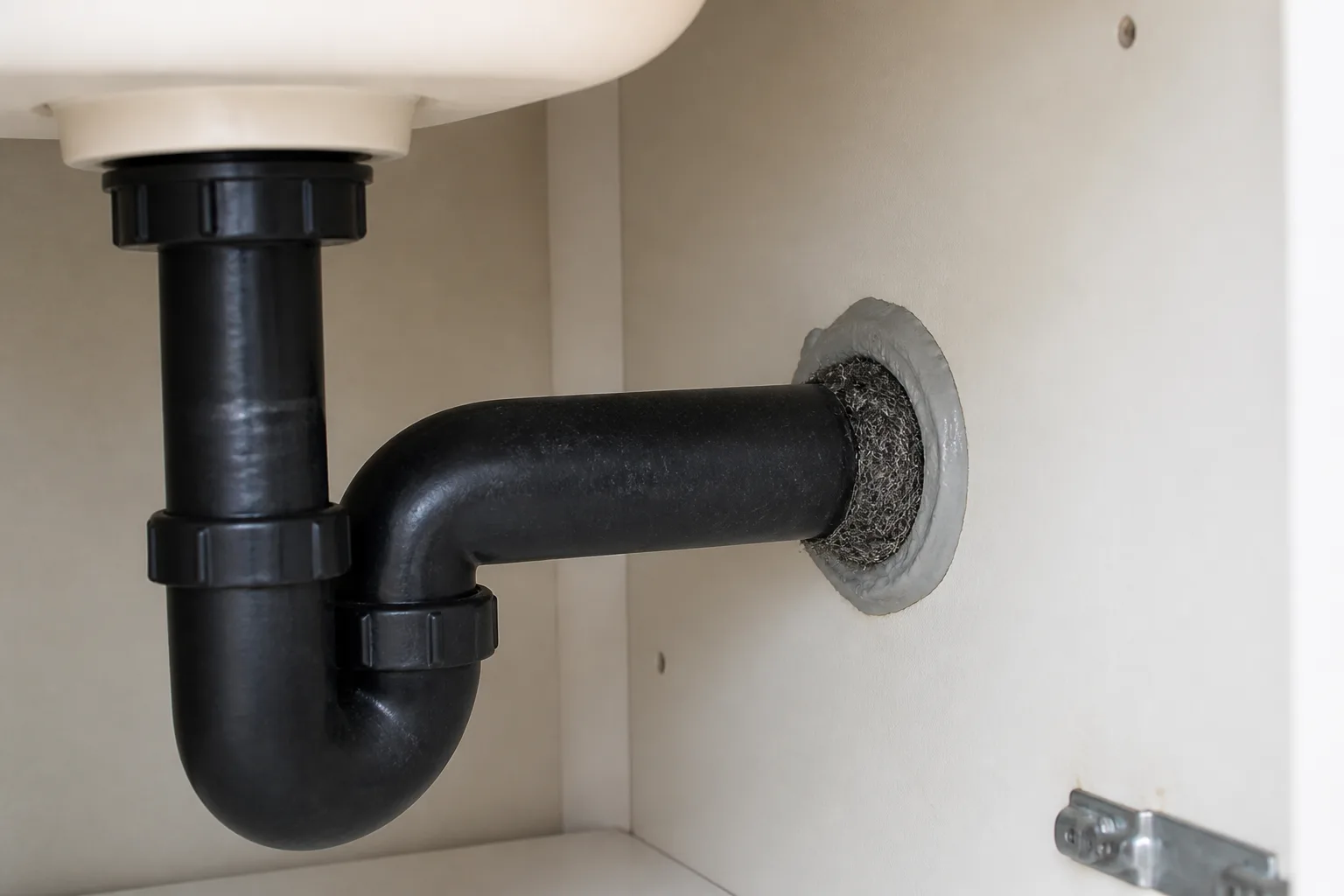 Steel wool packed into a gap beside a pipe penetration and sealed with caulk for rodent exclusion
