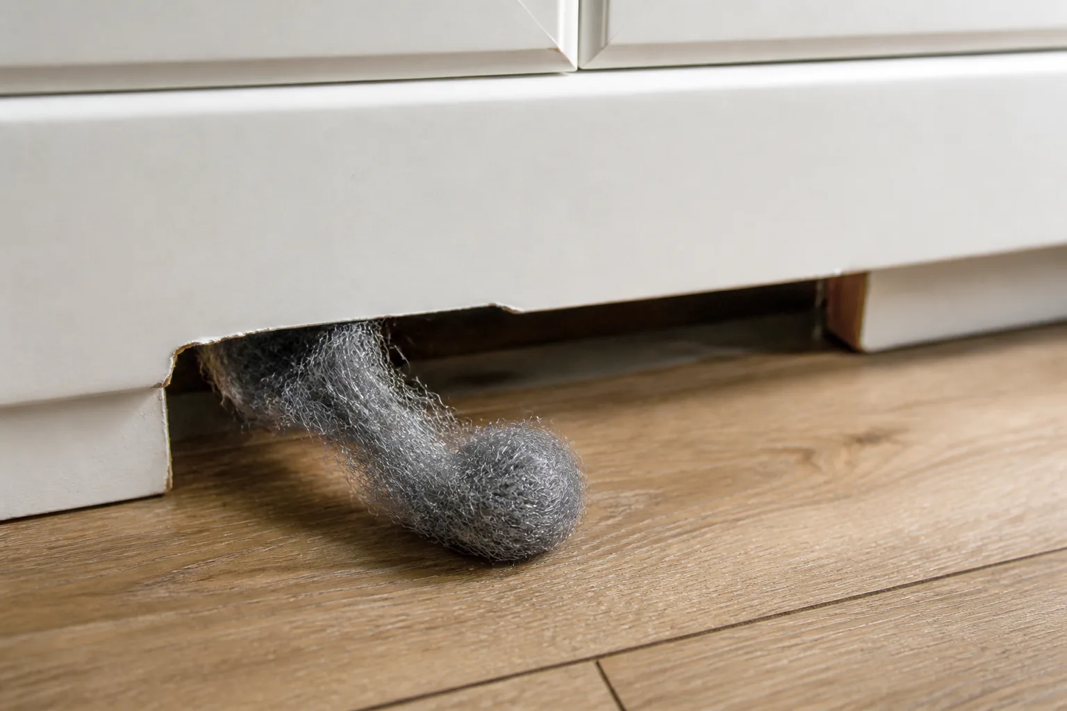 Steel wool packed into a low wall gap beside a caulking gun, showing a chew-resistant mouse exclusion repair