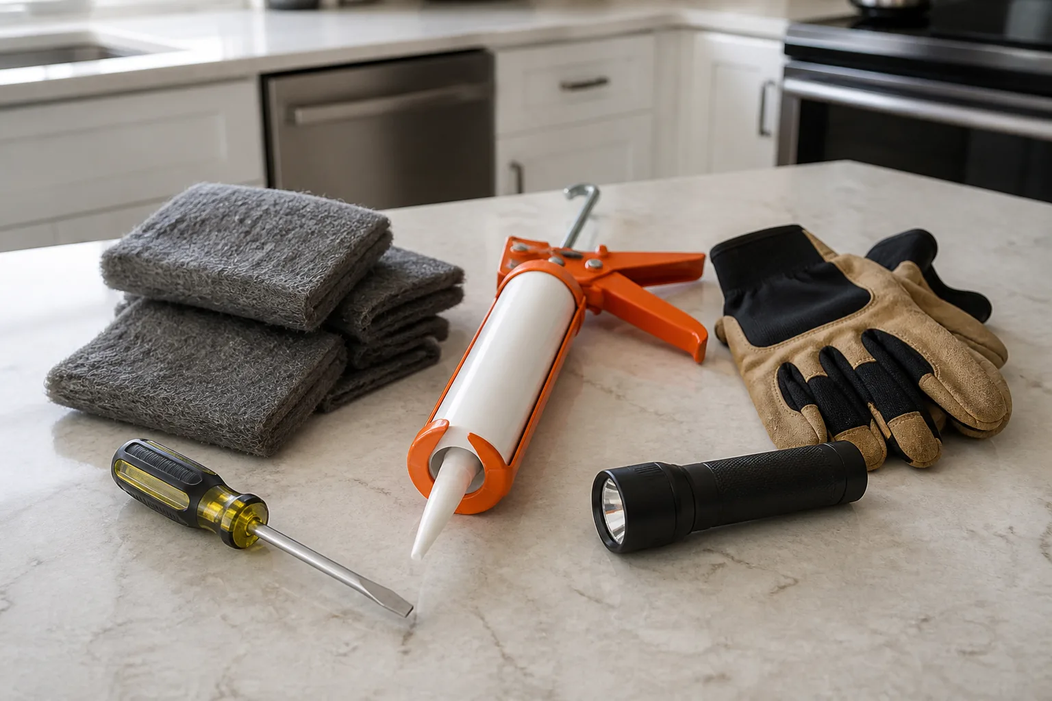 Steel wool, sealant, a flashlight, and gloves ready for mouse-proofing